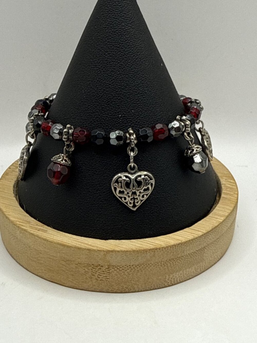 Whimsigoth Gothic Beaded Heart Charm Bracelet Red Black Silver Vintage Vampire